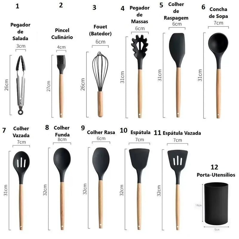 Conjunto de cozinha kit c 12 peças ferramentas de cozinha de silicone suporte de cozinha su cabo de madeira