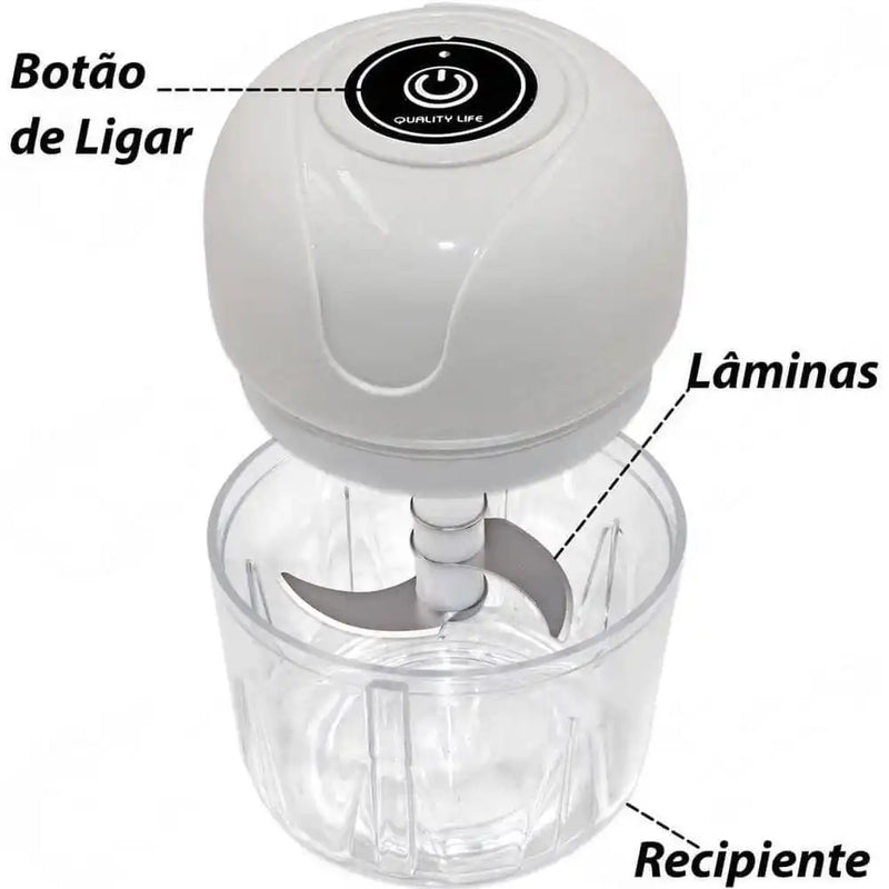 Mini Processador Elétrico de Alimentos Portátil com 3 lâminas de aço inox USB 250 ml Bivolt